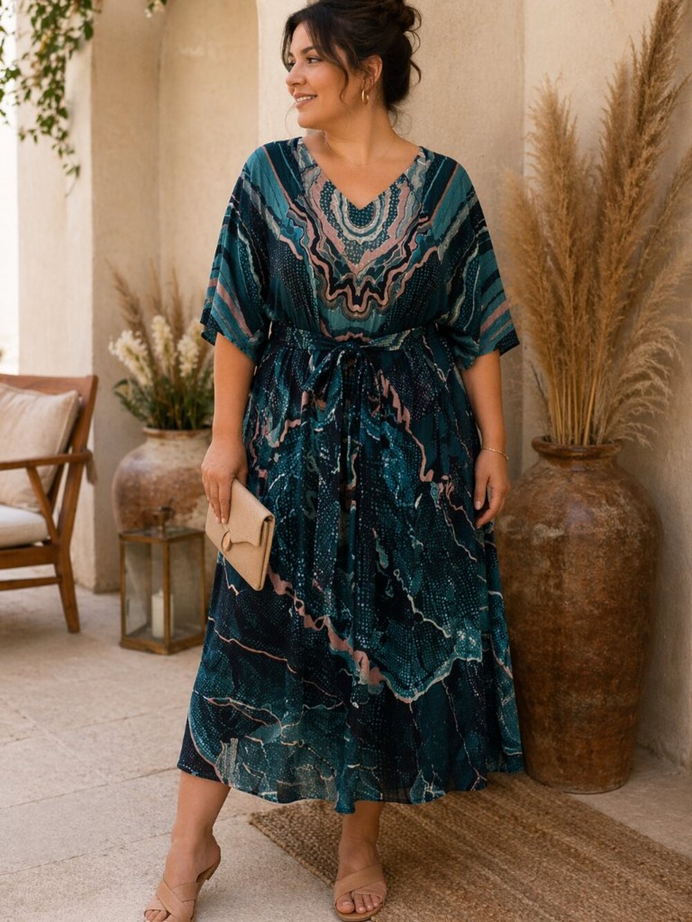 445 - Boho Abstract Print Dress | Teal Marble Tie Front Duster Maxi | Resort